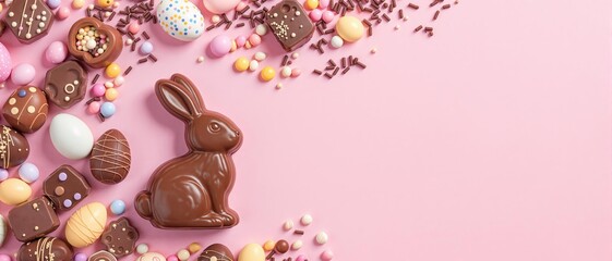 Chocolate easter bunny, eggs and candies on pink background. Easter holiday sweets for egg hunt. Greeting card, flyer with copy space. Flat lay, top view