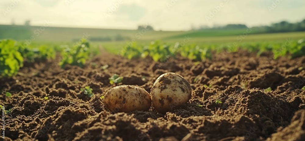 Poster two potatoes resting on soil in a field, surrounded by greenery.