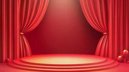 Red Stage with Curtained Background and Abstract Decorations