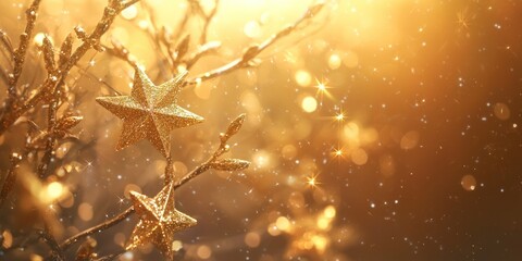 Sparkling Golden Stars on Branches Festive Holiday Background