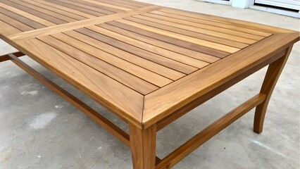 a top-down view of a teak wood table, highlighting its rich golden-brown color and smooth finish