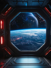 Naklejka premium A high-tech space station window offers a stunning view of Earth, with intricate metallic details framing the vast expanse of space. Generative AI