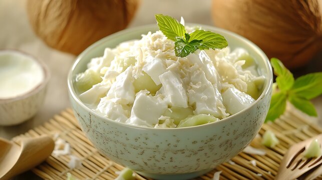 Buko salad or buko pandan in a wooden bowl