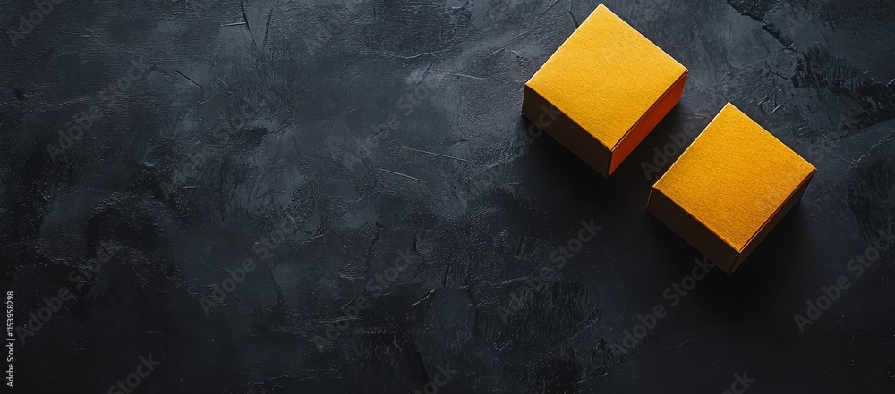 Poster two yellow geometric shapes placed on a textured black surface creating a modern and minimalistic vi