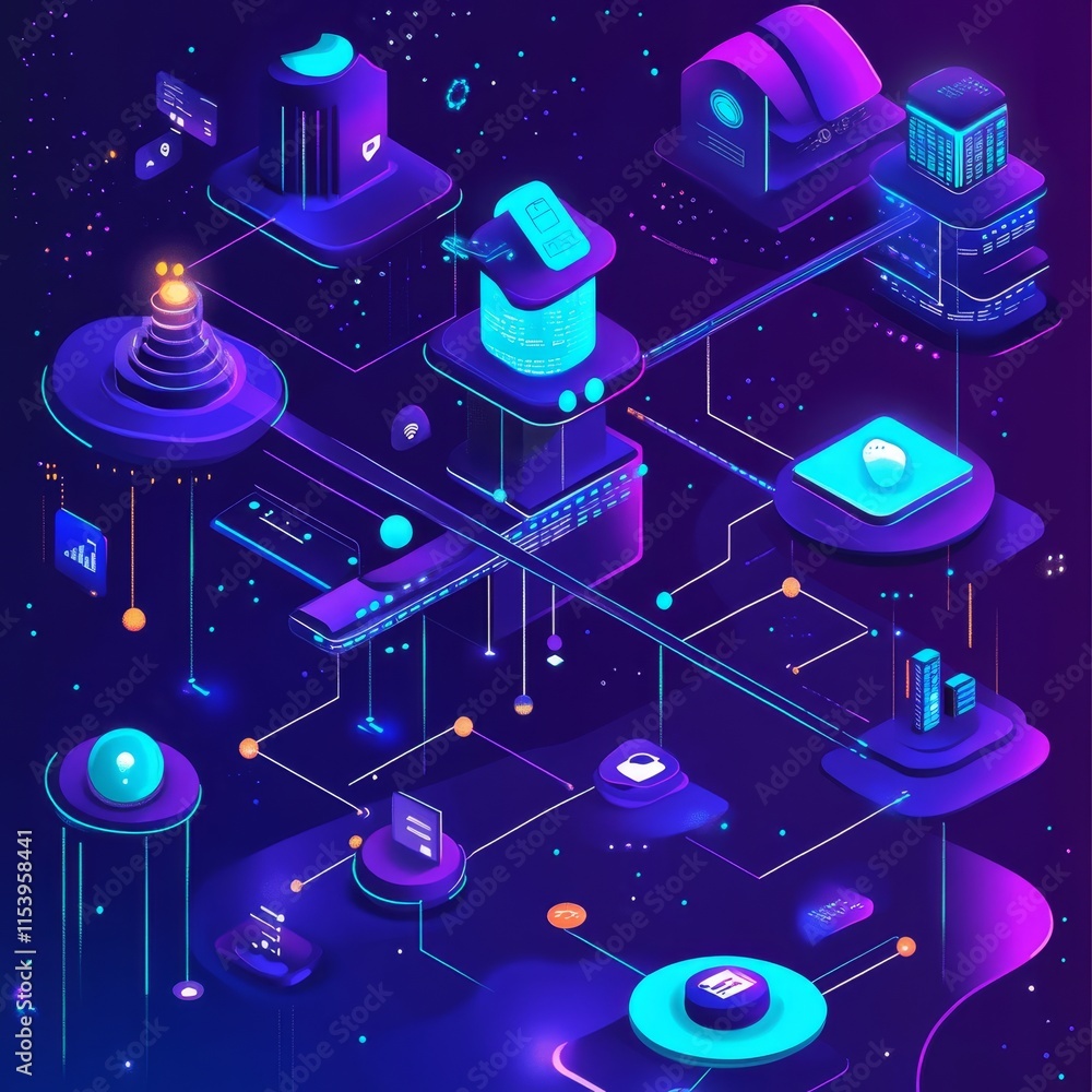 Poster digital landscape depicting futuristic architecture and technology in a vibrant cosmic setting with 