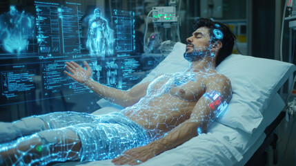 3000s, A man lies in a medical bed with holographic projections displaying health data and body diagnostics around him.