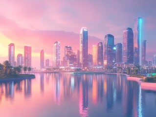 Obraz premium Spectacular Sunset View of a Modern City Skyline Reflected in a Calm Water Body, Showcasing Vibrant Colors and Towering Structures Along the Waterfront
