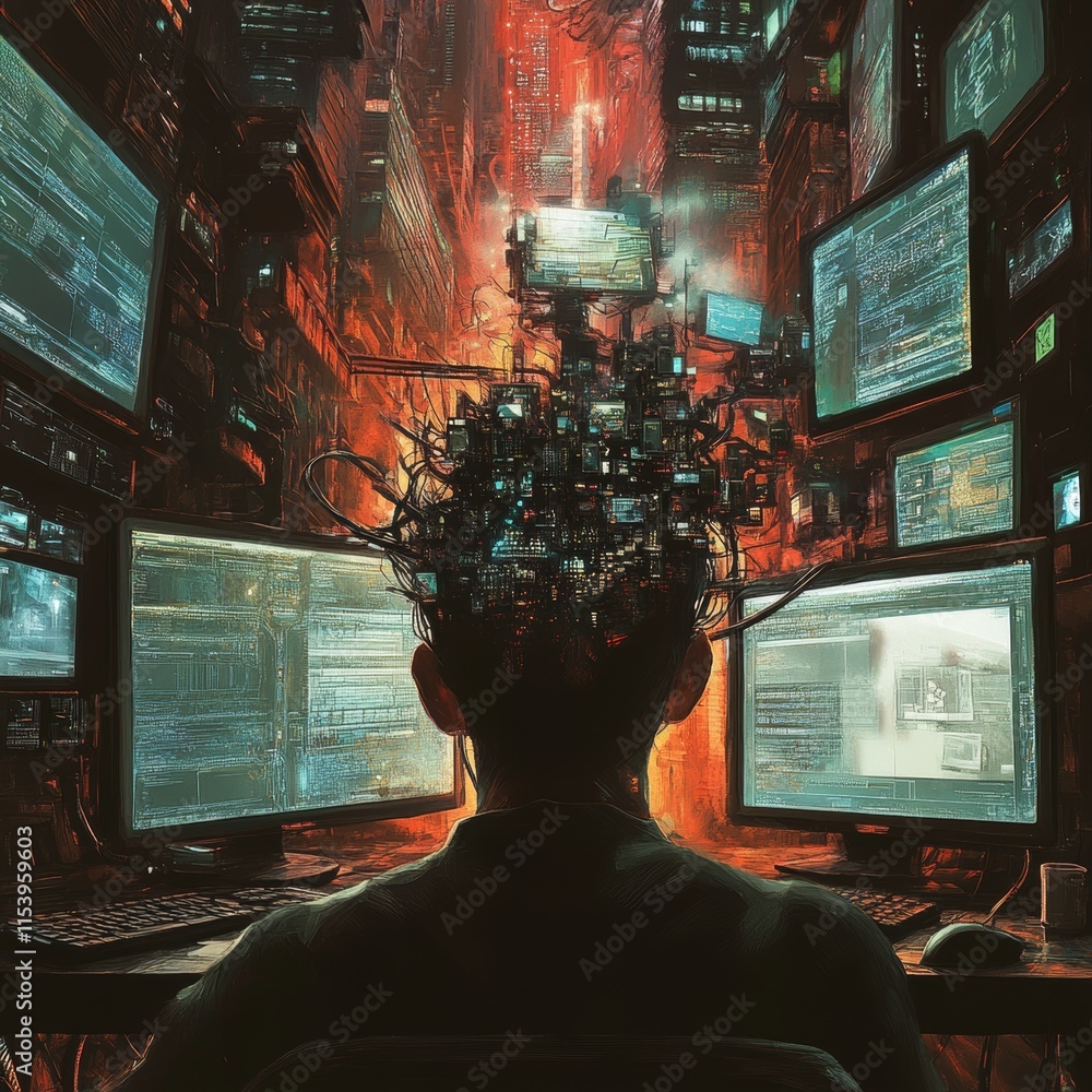 Poster immersive digital landscape created from a person's mind with advanced technology and multiple scree