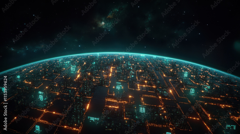 Poster 3000s, a futuristic view of a glowing cityscape from space, featuring illuminated grids and celestia