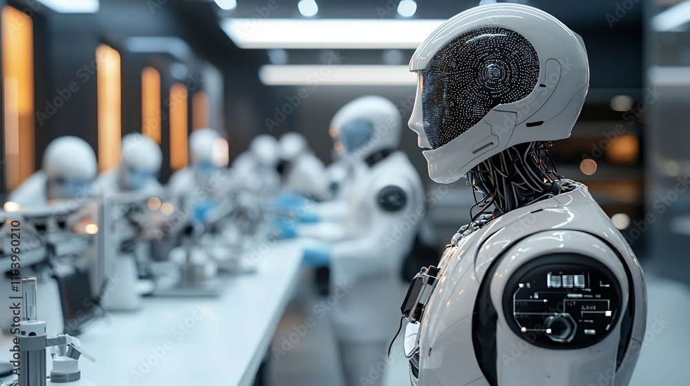 Poster a team of futuristic scientists utilizing advanced ai powered devices and equipment to monitor analy