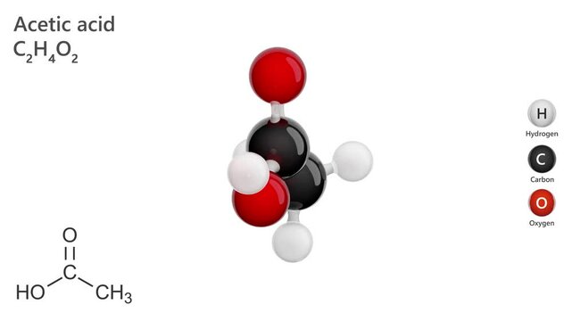 Acetic Acid or Ethanoic acid. E260 Food additive. Animated 3D model of a molecule. Molecular formula: C2H4O2. Chemical model: Ball and stick. White background. 3D rendering. Seamless loop.