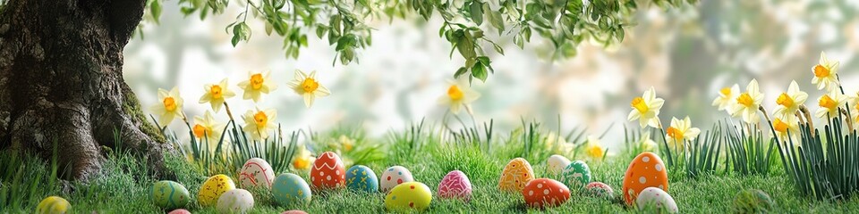 Fototapeta premium whimsical easter garden with vibrant eggs scattered under tree surrounded by daffodils and green grass