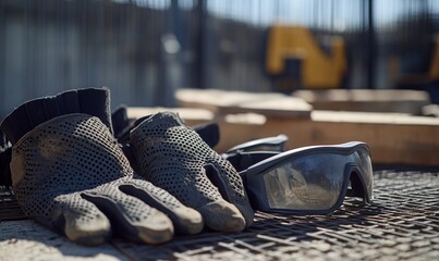 Work gloves and safety glasses on a construction site for protection.