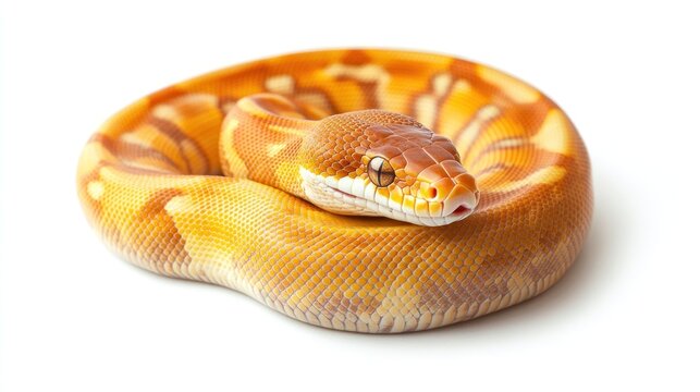 A coiled orange and yellow ball python isolated on white background.