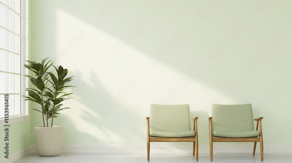 Poster serene waiting area: a minimalist waiting room with two plush armchairs bathed in warm sunlight. the