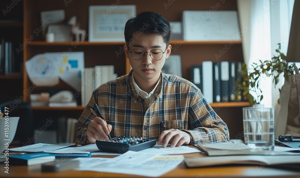 Aufkleber young man using a calculator while studying in a cozy workspace.