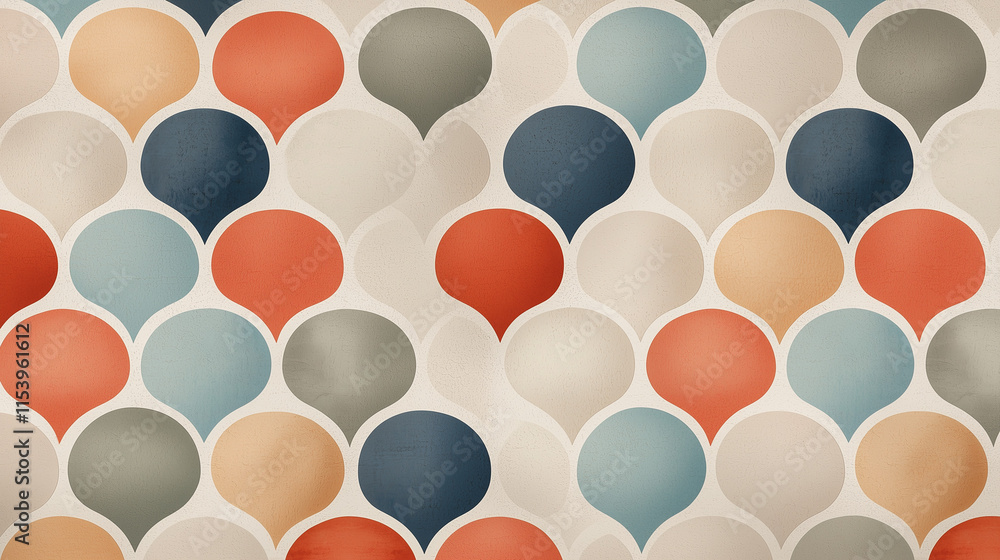 Poster mid century modern pattern: abstract teardrop shapes in muted tones create a retro-inspired design. 