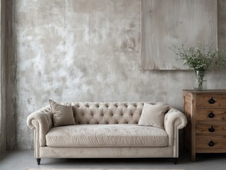 Modern Couch Against Wall with Distressed Wood Texture