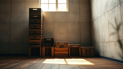 Sunlit Wooden Crates Arranged in Ascending Order Against a Textured Wall in a Room with Hardwood Flooring