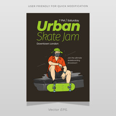 Urban Skate Jam Poster Modern Skateboarding Event Flyer Design Template