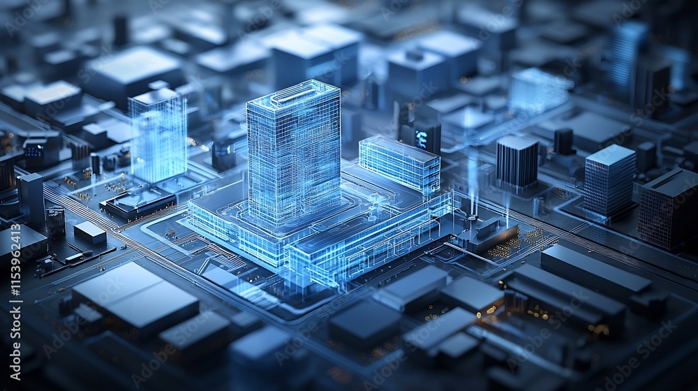 Poster futuristic smart city skyline featuring high rise buildings equipped with automated sanitation and p
