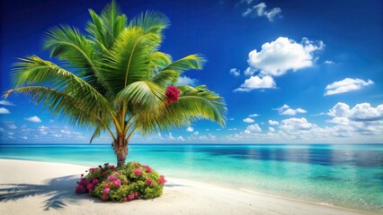 Obraz premium A serene heart-shaped palm tree standing on white sand beach with turquoise waters and clear blue sky, surrounded by lush greenery and vibrant flowers , palm tree, paradise island