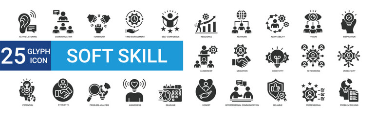 Soft sklill icon collection set with active listening, communication, teamwork, time management, self confidence