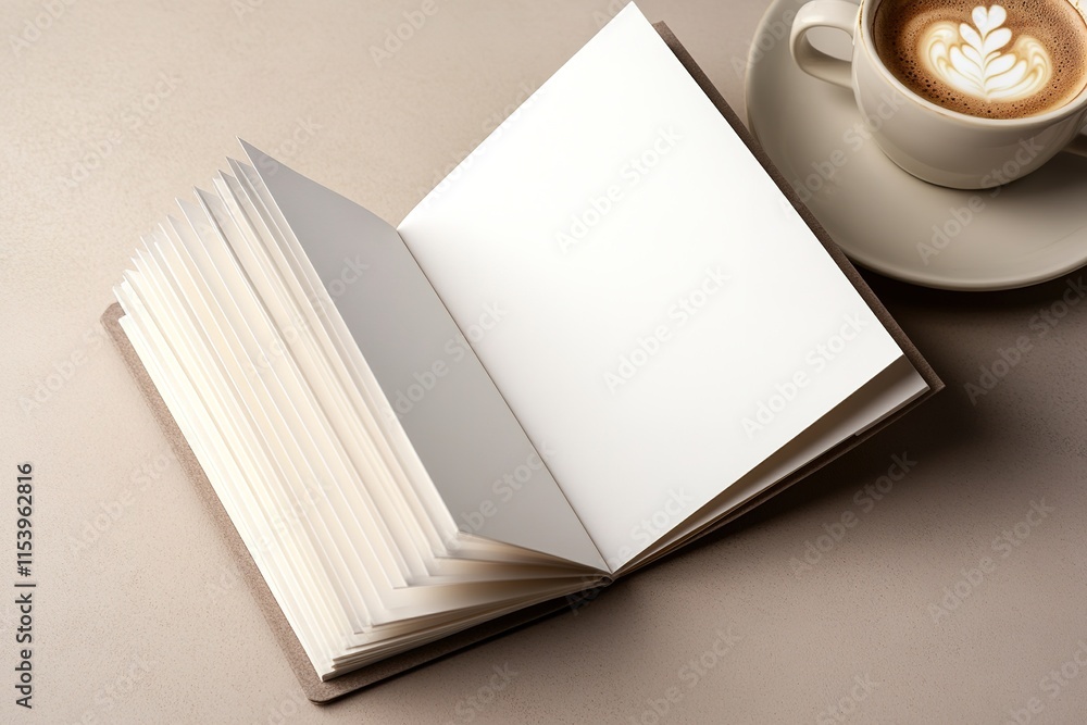 Aufkleber notebook mockup with blank cover and open pages styled on neutral surface with cup of coffee