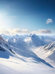 Obraz premium A stunning panoramic view of a snow-covered mountain range under a crisp blue sky. The untouched white peaks create a serene and breathtaking atmosphere. Generative AI