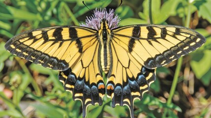 Yellow butterfly with black stripes perched on purple flower.