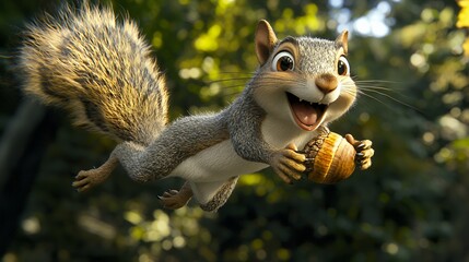 Joyful Squirrel in Flight,  Holding Acorn,  3D Rendered Animation
