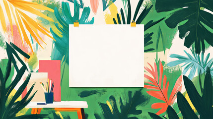 clean whiteboard with vibrant tropical background and art supplies