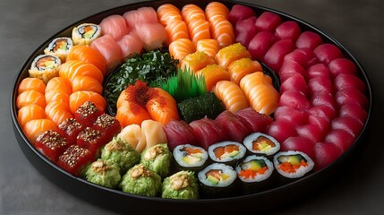 A large round platter of assorted sushi, sashimi, and maki rolls.
