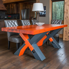 Orange and Gray X-Base Dining Table, Realistic Image