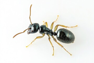 single ant with shiny black body and segmented limbs displayed on crisp white background