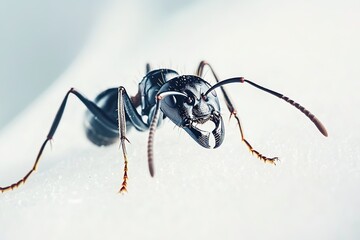 single ant with shiny black body and segmented limbs displayed on crisp white background