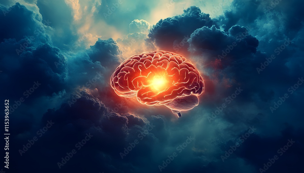 Aufkleber surreal conceptual illustration of a glowing human brain surrounded by dark stormy clouds with a bri