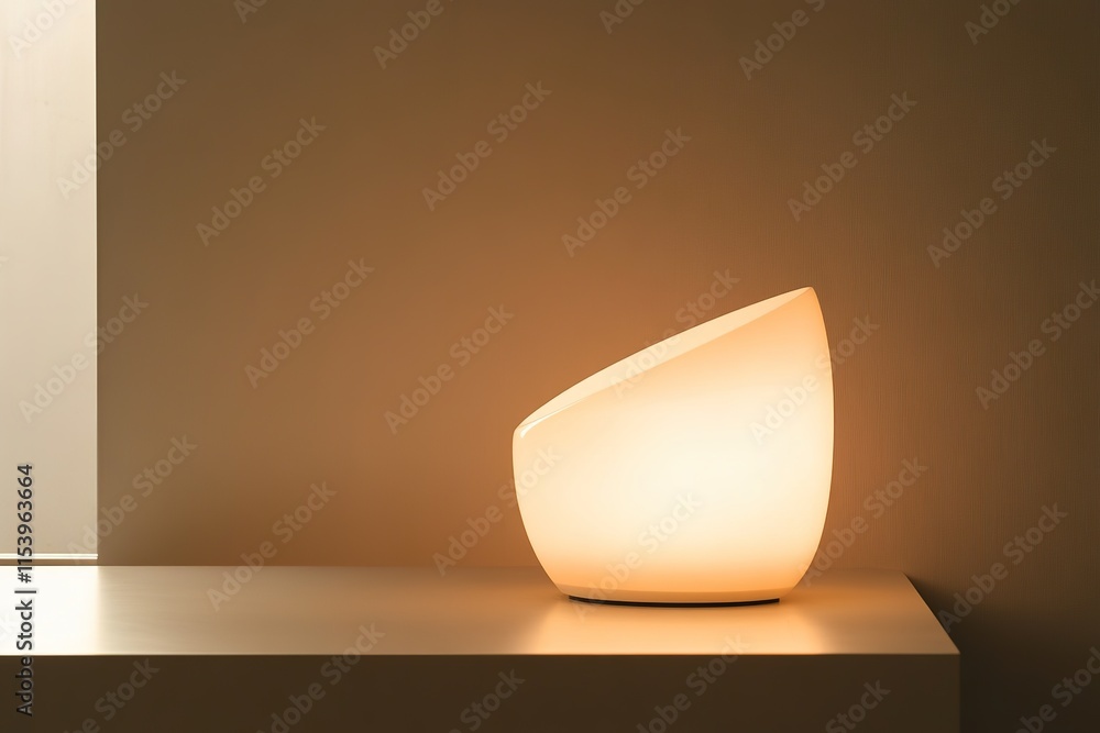 Poster soft light glowing from simple table lamp illuminating clean minimalistic surface