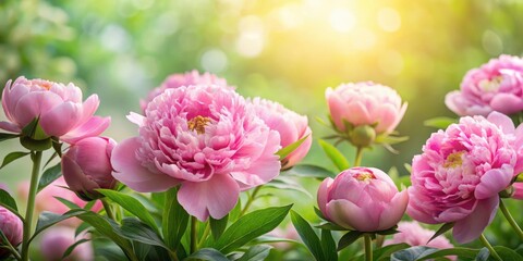 Beautiful pink peonies surrounded by lush greenery and a soft natural light background , springtime flowers, flower arrangement