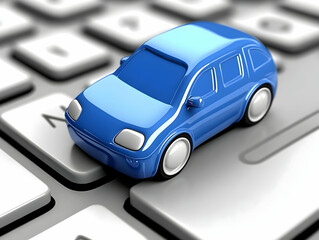 Blue Car 3D Illustration on Keyboard