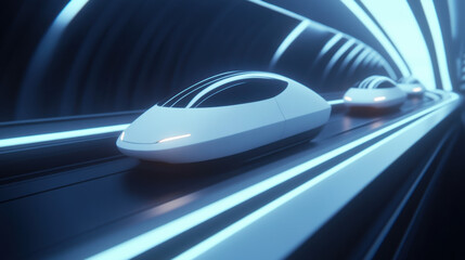 3000s, A futuristic transport scene featuring sleek, white vehicles traveling through a high-tech, illuminated tunnel.