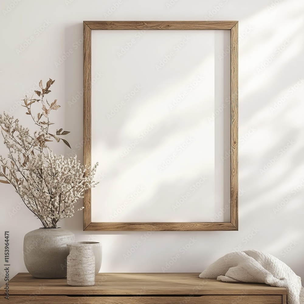 Aufkleber beautifully arranged empty frame with decorative elements on a wooden table in a softly lit modern i