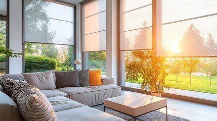 Automated window blinds seamlessly adjusting to the natural sunlight creating a comfortable and...