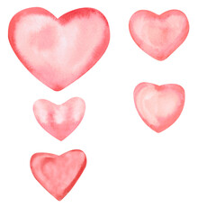 Fototapeta premium Set of watercolor hearts. Isolated illustration of hearts for Valentine's day design, wedding, holidays, birthdays, printing on fabric, wallpaper, cards.