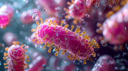 Fototapeta premium Virus (microbes) under the microscope in macro photo shoot. Medical illustration for biology and science. 