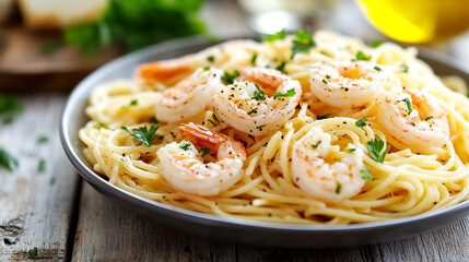 Delicious shrimp pasta served with fresh herbs on a rustic wooden table at a cozy dining setting