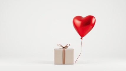 A romantic gift presentation featuring a beige box with a brown ribbon and a red heart-shaped balloon.