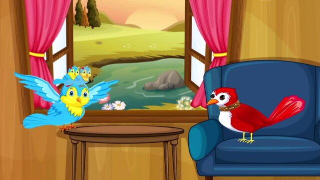 A beautiful bird carrying its young on its head 2d animation