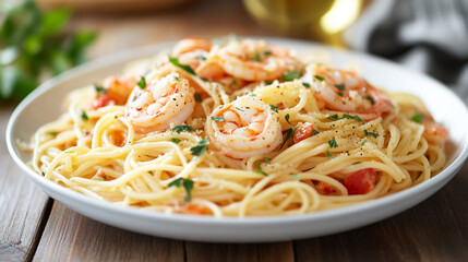 Delicious shrimp pasta garnished with herbs served on a wooden table