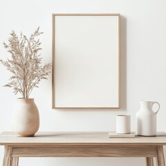 Decorative Elements on Wooden Table Featuring Vase, Jug, and Empty Frame in Minimalist Interior Setting